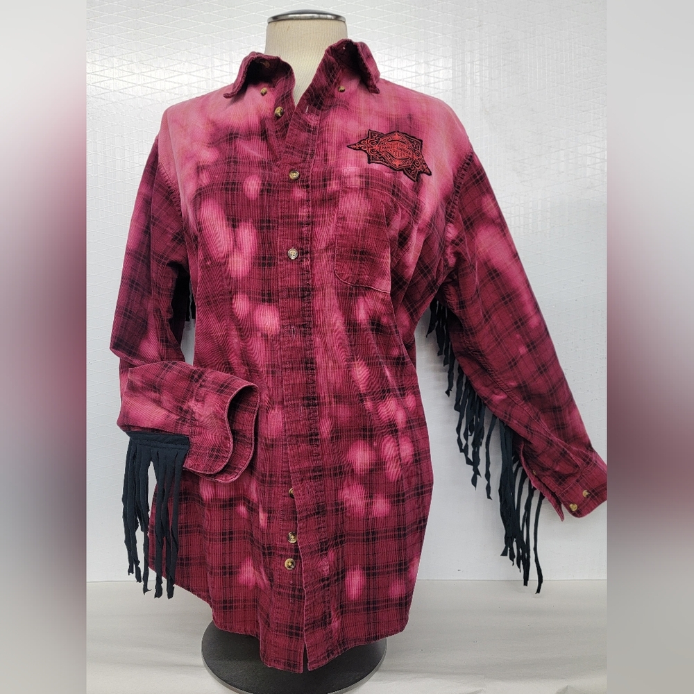 Upcycled Biker Moto Flannel Shirt Shacket Harley Davidson Patch & Fringe - Picture 8 of 13